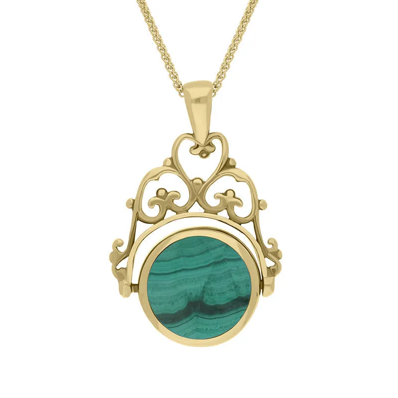 18ct Yellow Gold Whitby Jet Malachite Double Sided Round Swivel Fob Necklace sold by Jura Watches