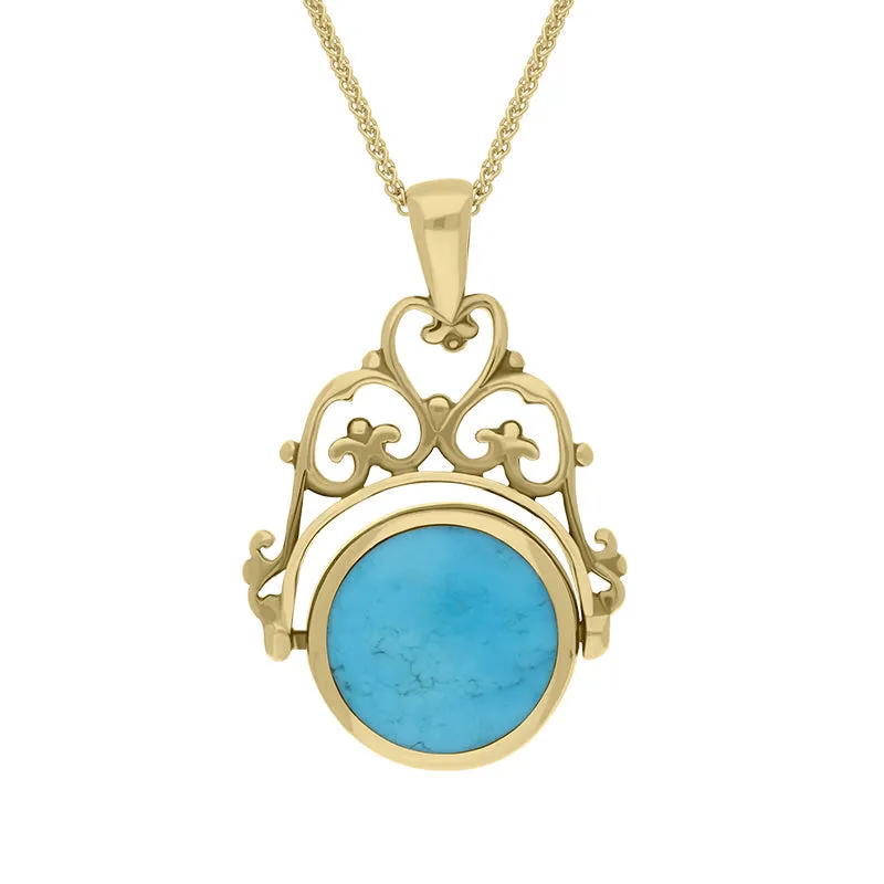 18ct Yellow Gold Whitby Jet Turquoise Double Sided Round Swivel Fob Necklace sold by Jura Watches