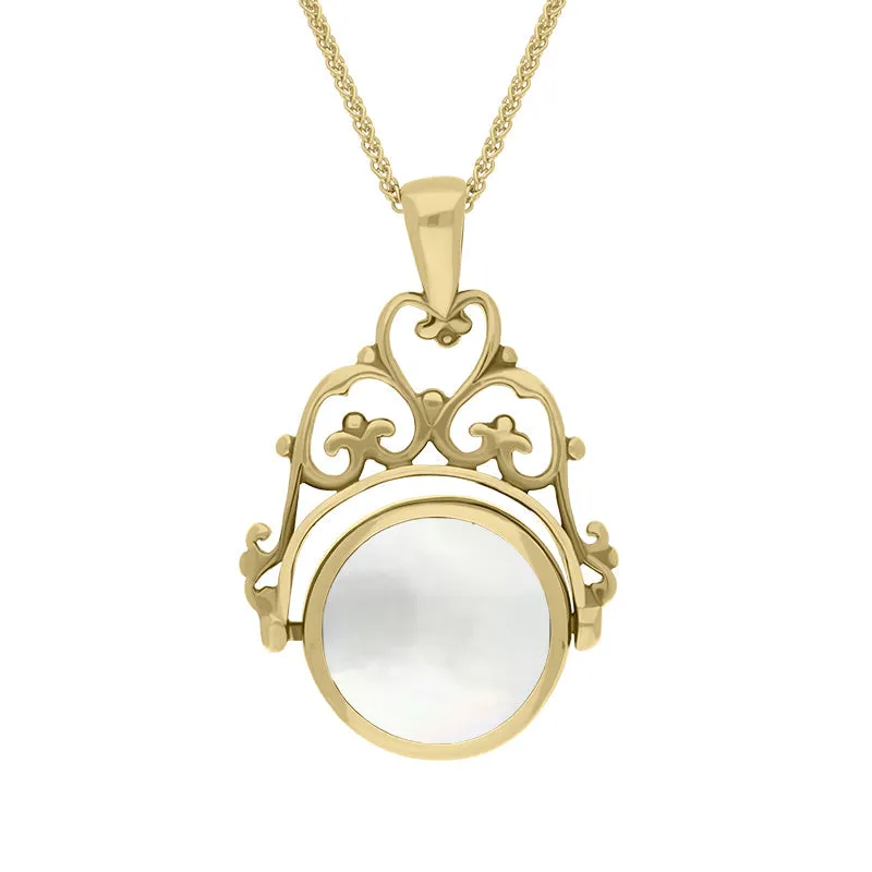 9ct Yellow Gold Blue John Mother Of Pearl Double Sided Round Swivel Fob Necklace sold by Jura Watches