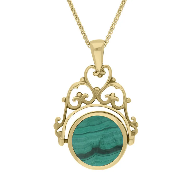 9ct Yellow Gold Whitby Jet Malachite Double Sided Round Swivel Fob Necklace sold by Jura Watches