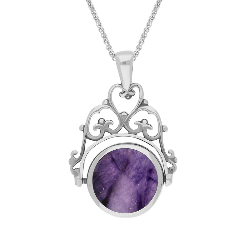 Sterling Silver Blue John Mother Of Pearl Double Sided Round Swivel Fob Necklace sold by Jura Watches product image thumbnail 2