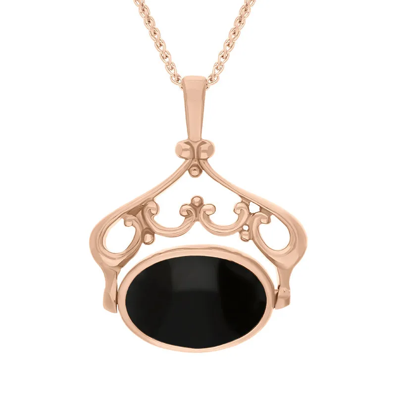 18ct Rose Gold Blue John Whitby Jet Double Sided Oval Swivel Fob Necklace sold by Jura Watches