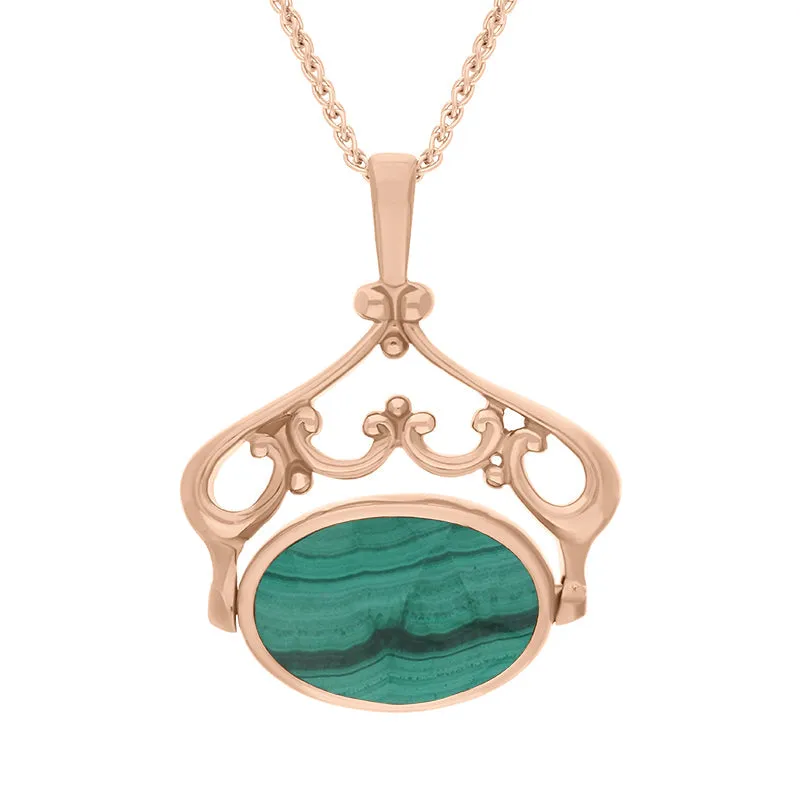 18ct Rose Gold Whitby Jet Malachite Double Sided Oval Swivel Fob Necklace sold by Jura Watches