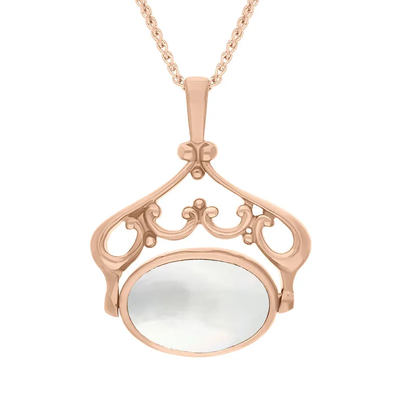 18ct Rose Gold Whitby Jet Mother Of Pearl Double Sided Oval Swivel Fob Necklace sold by Jura Watches