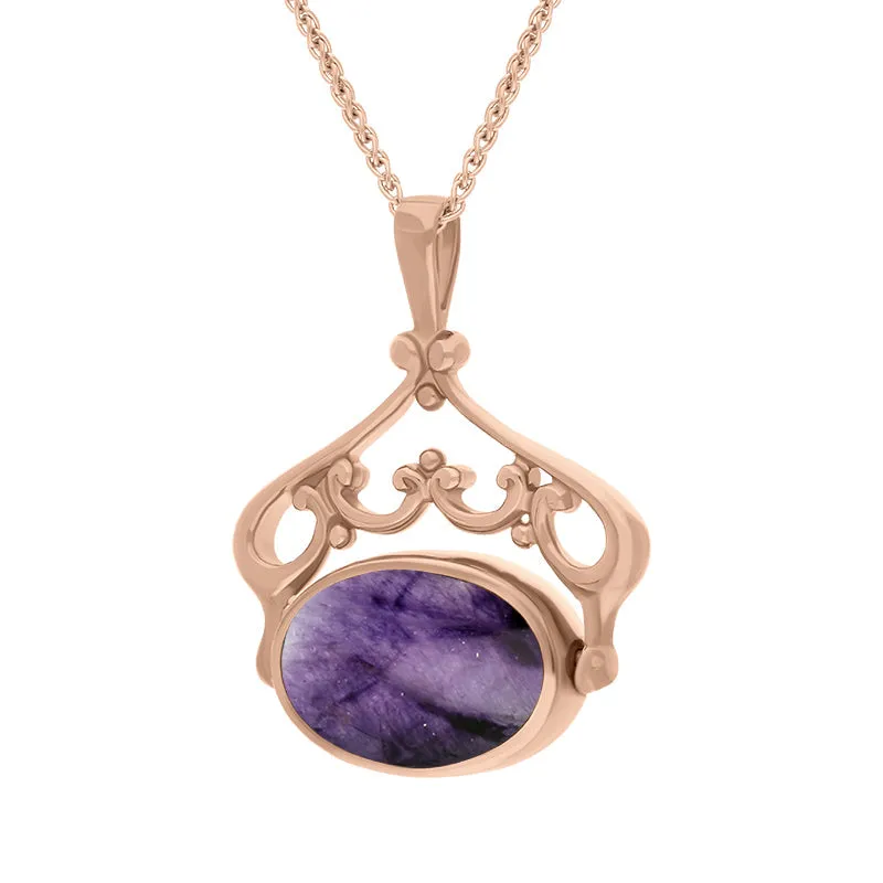 9ct Rose Gold Blue John Mother Of Pearl Double Sided Oval Swivel Fob Necklace sold by Jura Watches product image thumbnail 3