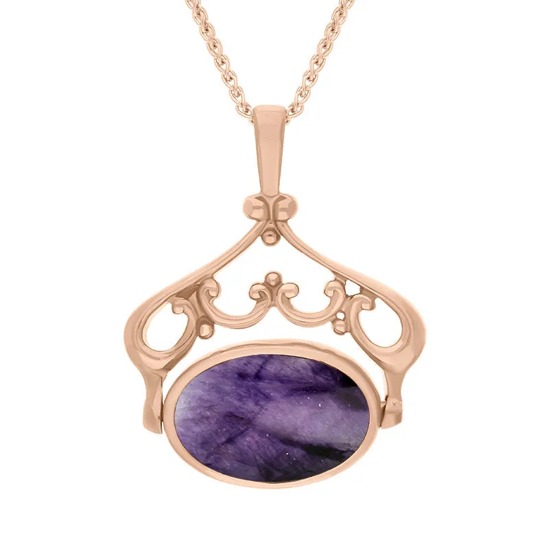 9ct Rose Gold Blue John Mother Of Pearl Double Sided Oval Swivel Fob Necklace sold by Jura Watches