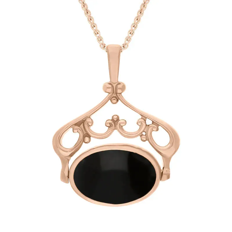 9ct Rose Gold Blue John Whitby Jet Double Sided Oval Swivel Fob Necklace sold by Jura Watches