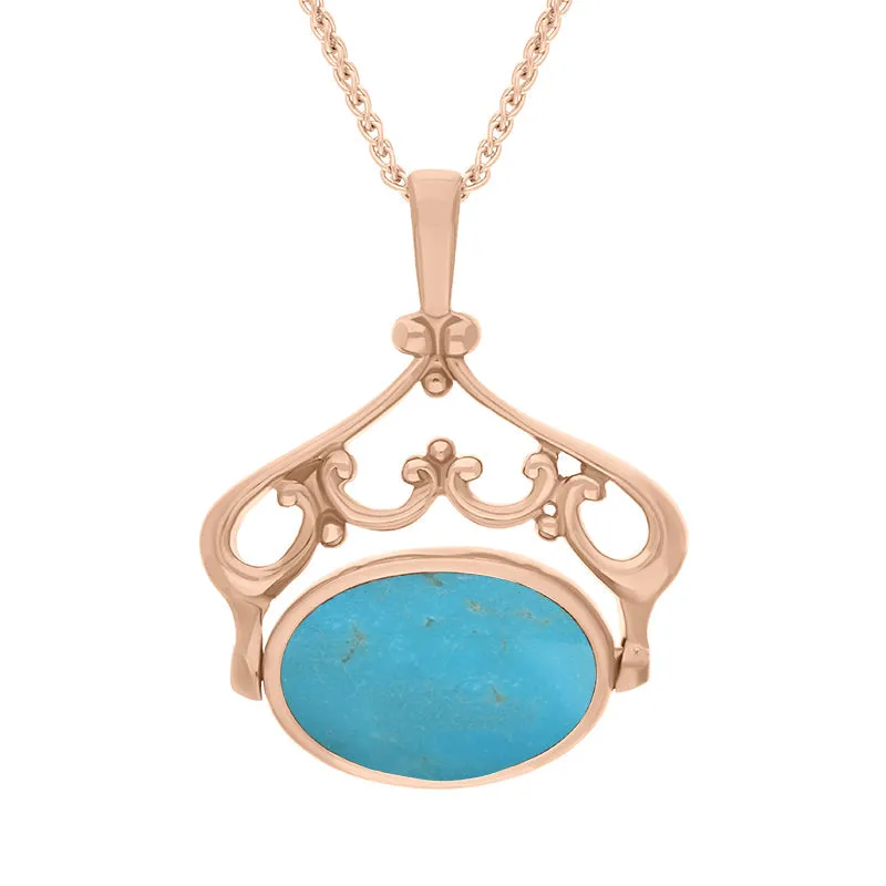 9ct Rose Gold Whitby Jet Turquoise Double Sided Oval Swivel Fob Necklace sold by Jura Watches