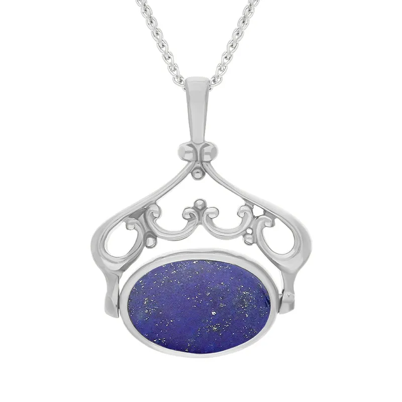 18ct White Gold Whitby Jet Lapis Lazuli Double Sided Oval Swivel Fob Necklace sold by Jura Watches