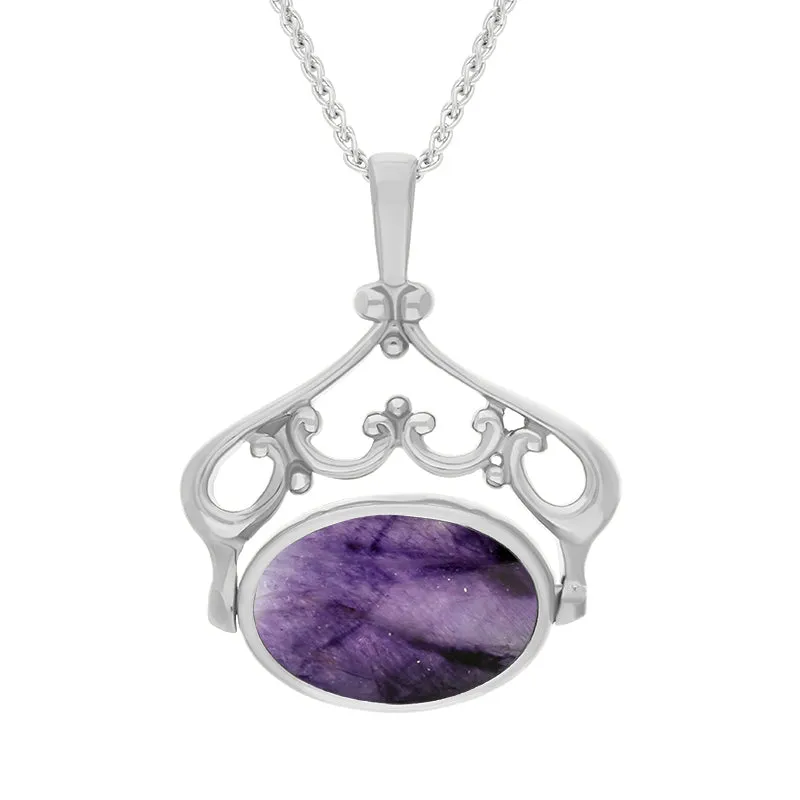 9ct White Gold Blue John Whitby Jet Double Sided Oval Swivel Fob Necklace sold by Jura Watches product image thumbnail 2