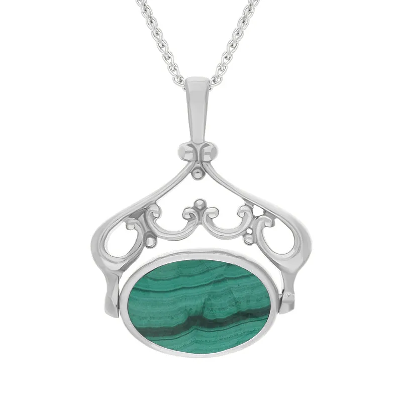 9ct White Gold Whitby Jet Malachite Double Sided Oval Swivel Fob Necklace sold by Jura Watches