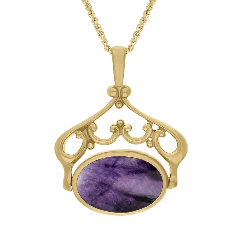 18ct Yellow Gold Blue John Mother Of Pearl Double Sided Oval Swivel Fob Necklace sold by Jura Watches