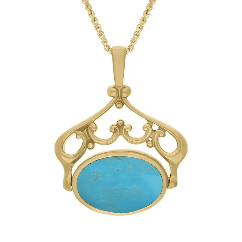 18ct Yellow Gold Whitby Jet Turquoise Double Sided Oval Swivel Fob Necklace sold by Jura Watches