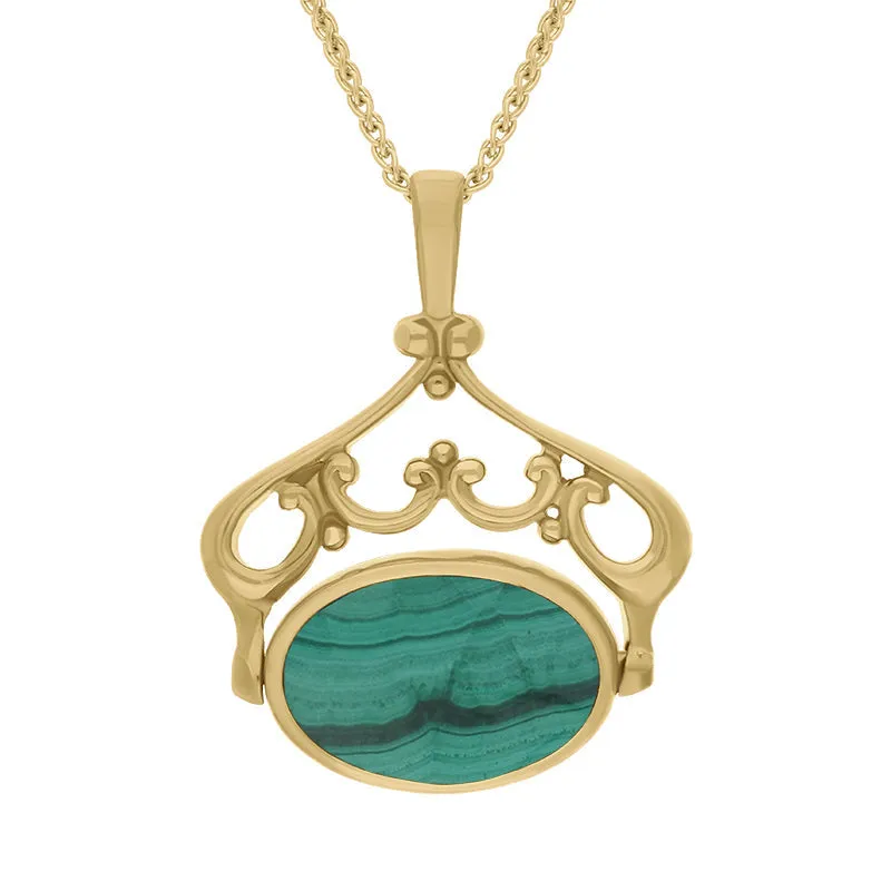 9ct Yellow Gold Whitby Jet Malachite Double Sided Oval Swivel Fob Necklace sold by Jura Watches