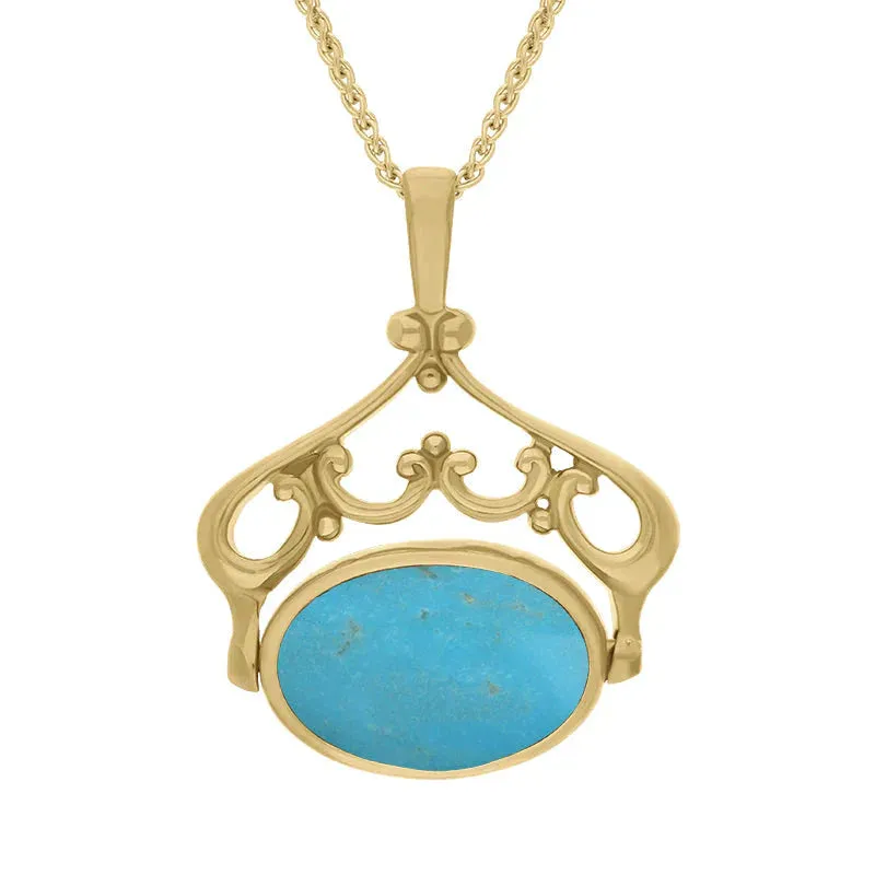 9ct Yellow Gold Whitby Jet Turquoise Double Sided Oval Swivel Fob Necklace sold by Jura Watches