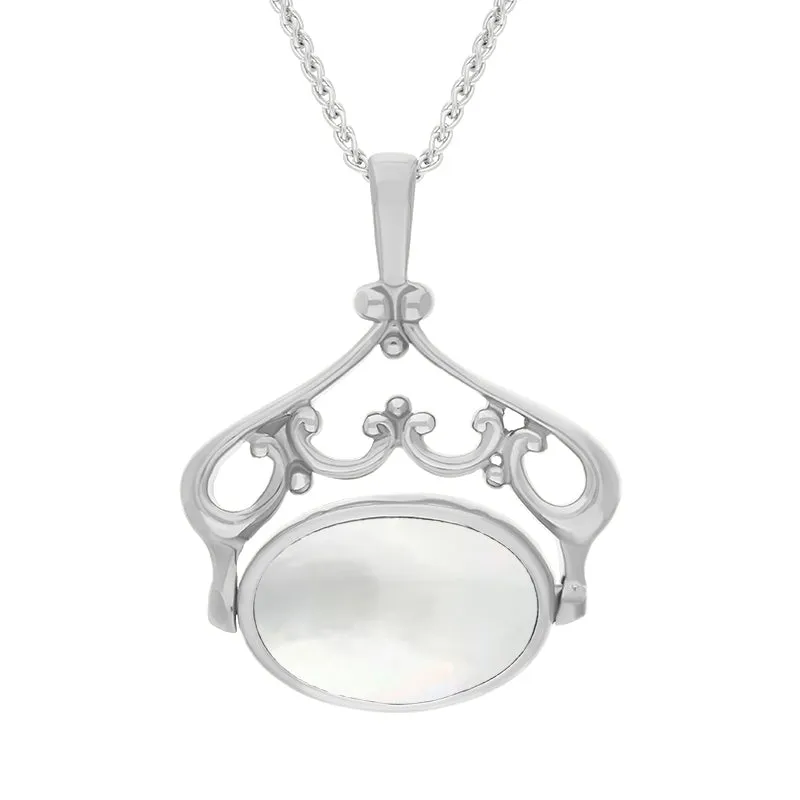 Sterling Silver Whitby Jet Mother Of Pearl Double Sided Oval Swivel Fob Necklace sold by Jura Watches