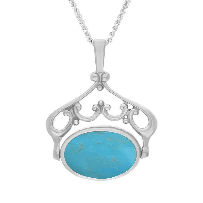 Sterling Silver Whitby Jet Turquoise Double Sided Oval Swivel Fob Necklace sold by Jura Watches