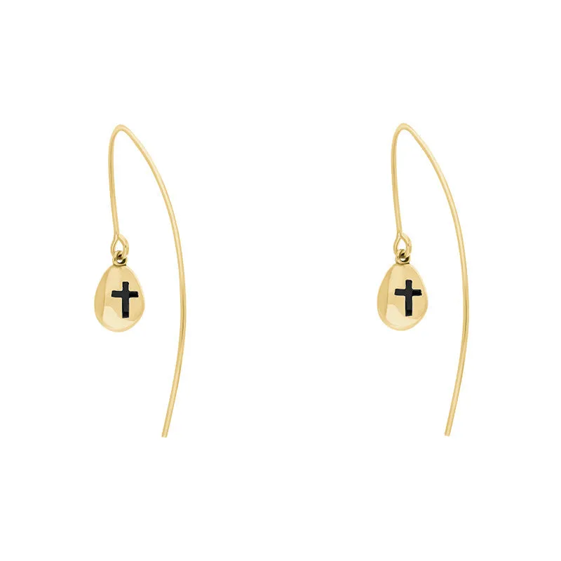 9ct Yellow Gold Whitby Jet Cross Disc Drop Earrings sold by Jura Watches