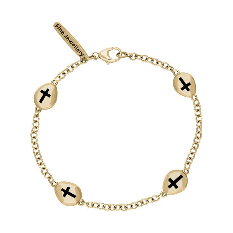9ct Yellow Gold Whitby Jet Oval Cross Detail Four Stone Bracelet sold by Jura Watches