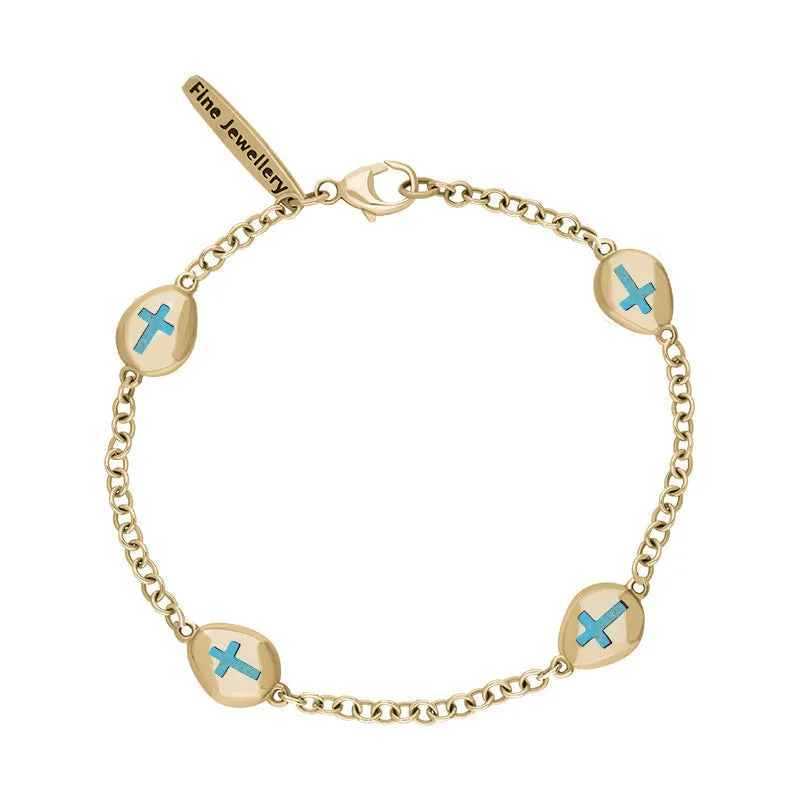 9ct Yellow Gold Turquoise Oval Cross Detail Four Stone Bracelet sold by Jura Watches