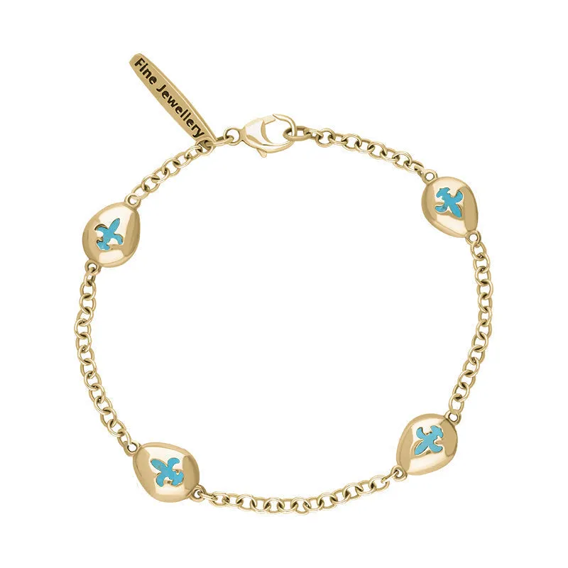18ct Yellow Gold Turquoise Oval Fleur De Lis Detail Four Stone Bracelet sold by Jura Watches
