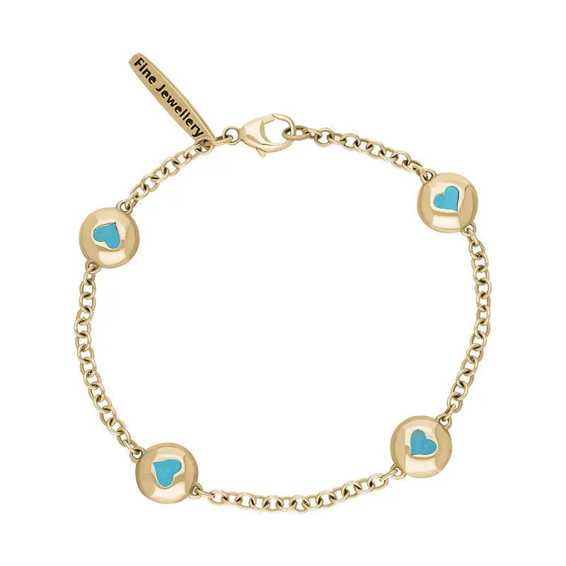 18ct Yellow Gold Turquoise Oval Heart Detail Four Stone Bracelet sold by Jura Watches