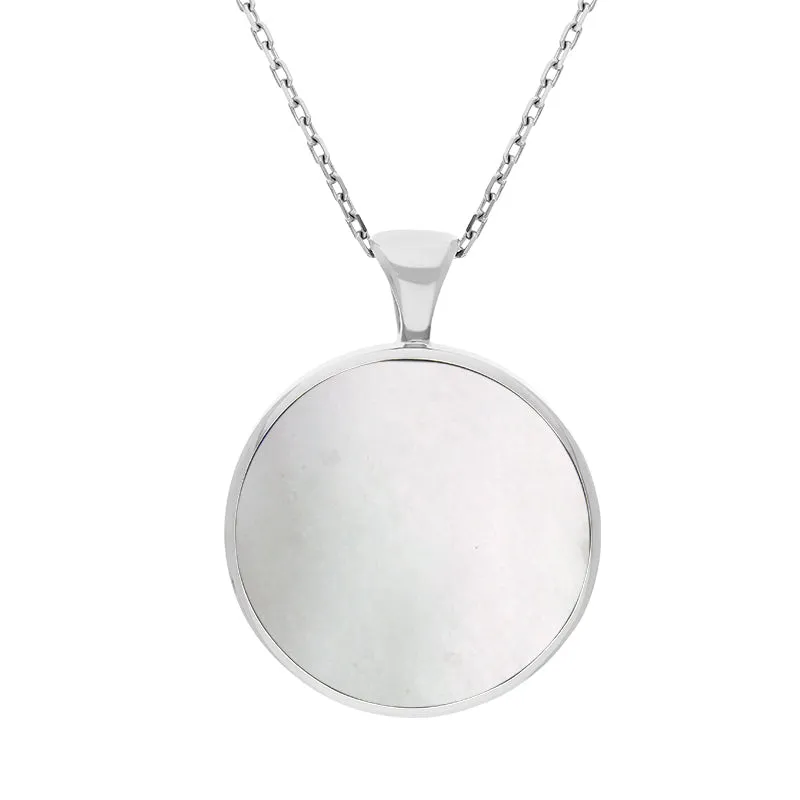 9ct White Gold Whitby Jet Mother Of Pearl Large Double Sided Round Fob Necklace sold by Jura Watches