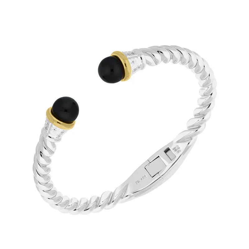 Sterling Silver Whitby Jet Bead Hinged Torc Twist Bangle sold by Jura Watches