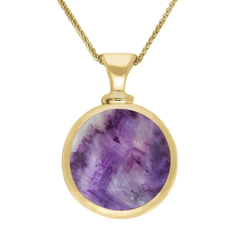 9ct Yellow Gold Blue John Mother Of Pearl Double Sided Round Dinky Fob Necklace sold by Jura Watches