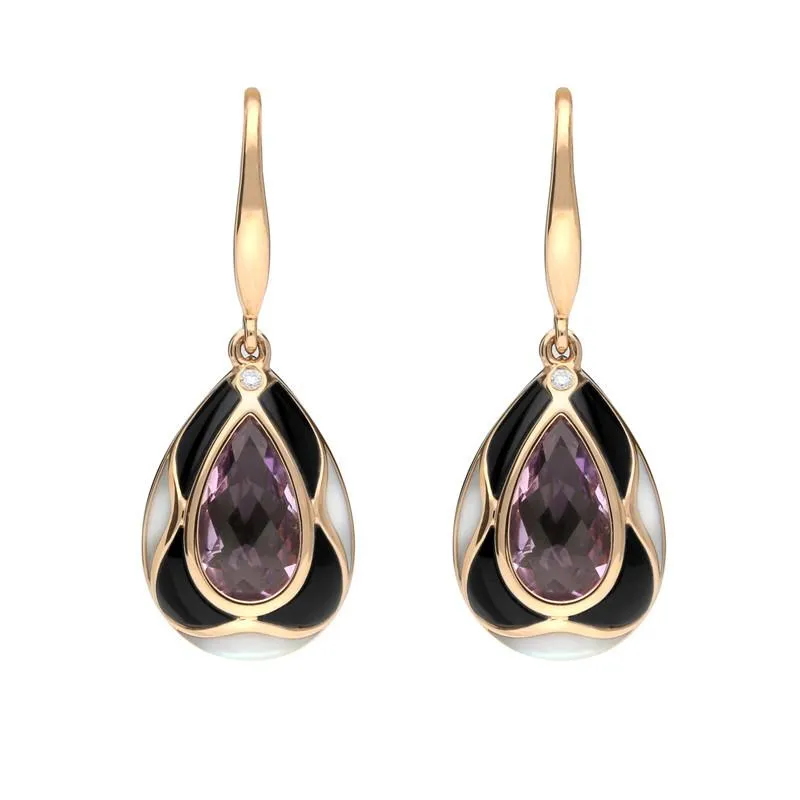 18ct Rose Gold Whitby Jet Diamond Amethyst Mother of Pearl Drop Earrings sold by Jura Watches
