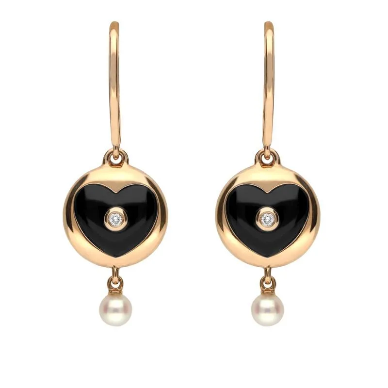 18ct Rose Gold Whitby Jet Diamond Pearl Heart Drop Earrings made by C.W. Sellors