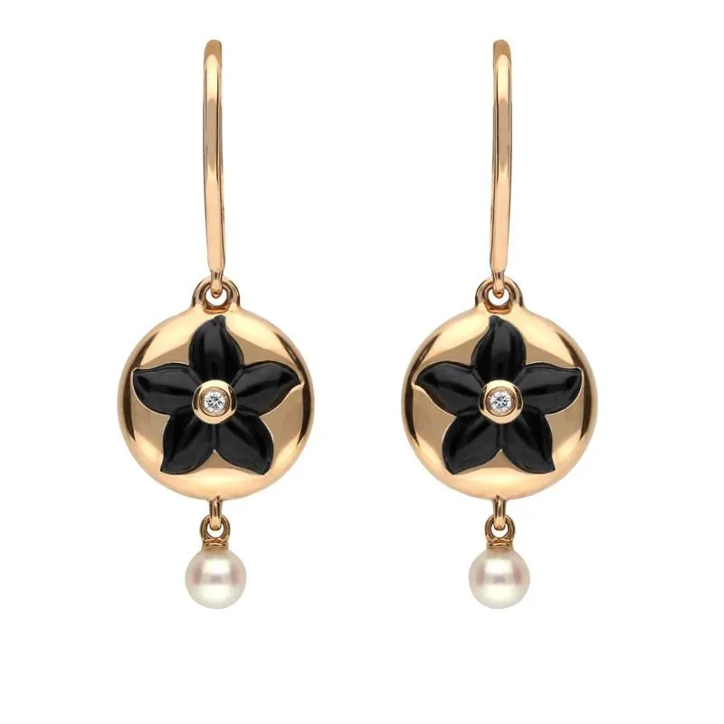 18ct Rose Gold Whitby Jet Diamond Pearl Flower Drop Earrings sold by Jura Watches
