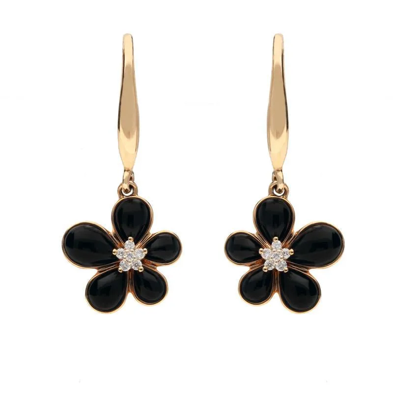 18ct Rose Gold Whitby Jet 0.05ct Diamond Flower Drop Earrings sold by Jura Watches