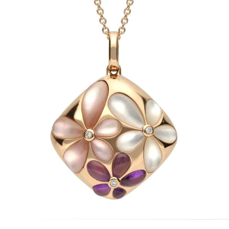 18ct Rose Gold Amethyst Mother of Pearl 0.02 Carat Diamond Necklace sold by Jura Watches