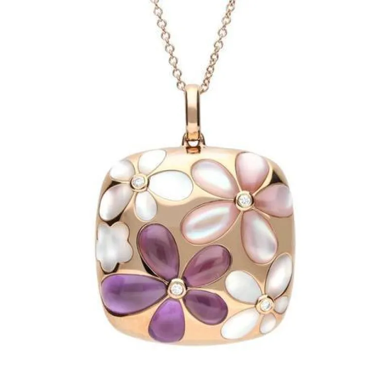 18ct Rose Gold Mother of Pearl Diamond Amethyst Flower Cushion Necklace sold by Jura Watches