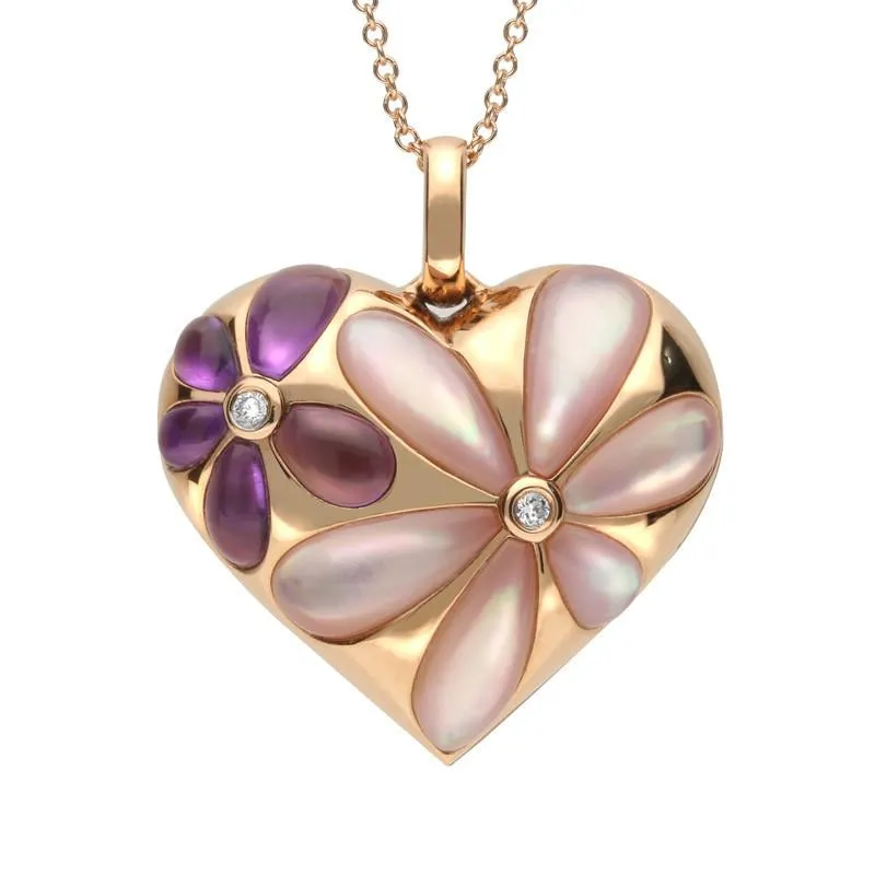 18ct Rose Gold Mother of Pearl Diamond Amethyst Heart Flower Necklace sold by Jura Watches