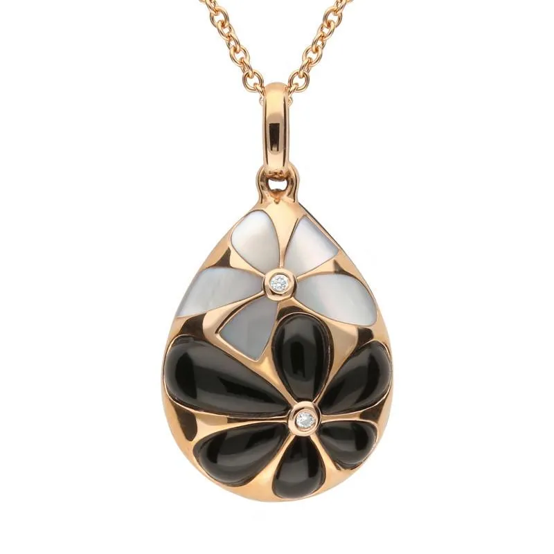 18ct Rose Gold Whitby Jet Diamond Flower Pear Drop Pendant Necklace sold by Jura Watches