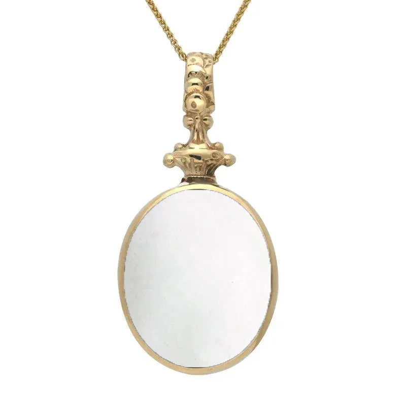 9ct Yellow Gold Whitby Jet White Mother Of Pearl Double Sided Oval Fob Necklace sold by Jura Watches