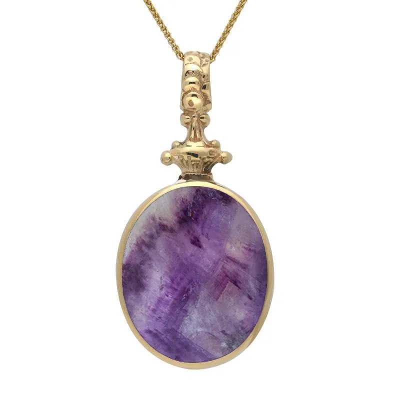 18ct Yellow Gold Blue John White Mother Of Pearl Double Sided Oval Fob Necklace sold by Jura Watches