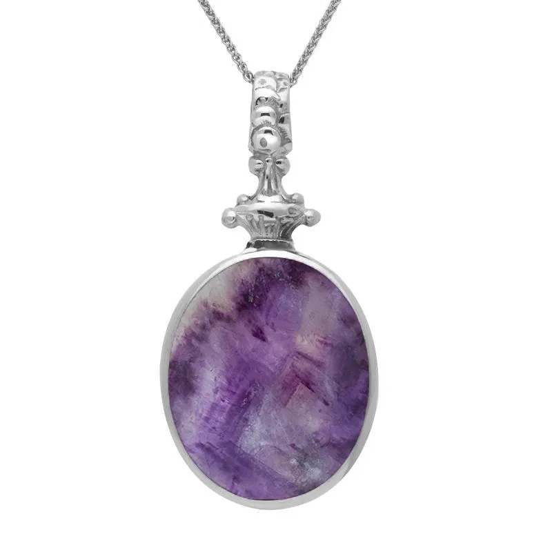 9ct White Gold Whitby Jet Blue John Double Sided Oval Fob Necklace sold by Jura Watches product image thumbnail 2