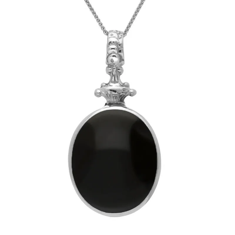 9ct White Gold Whitby Jet Blue John Double Sided Oval Fob Necklace sold by Jura Watches