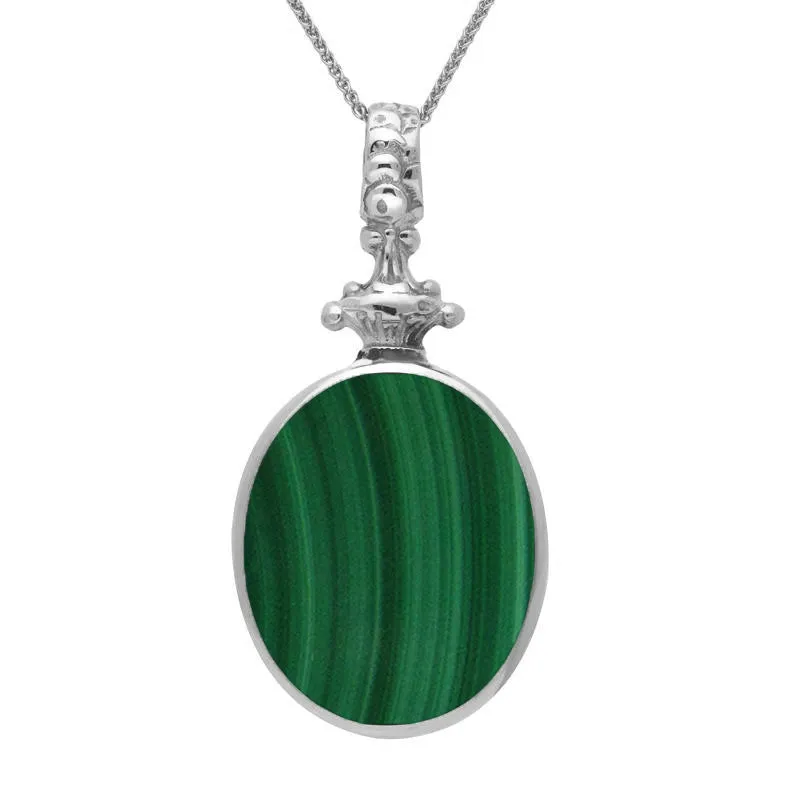 9ct White Gold Whitby Jet Malachite Double Sided Oval Fob Necklace sold by Jura Watches