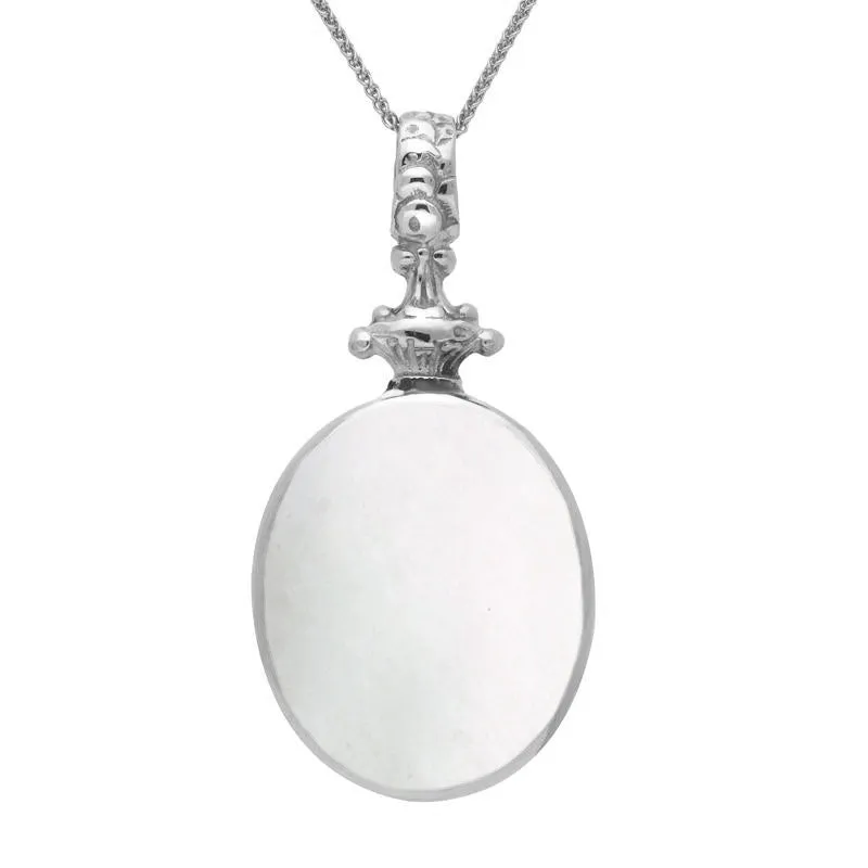 18ct White Gold Whitby Jet White Mother Of Pearl Double Sided Oval Fob Necklace sold by Jura Watches