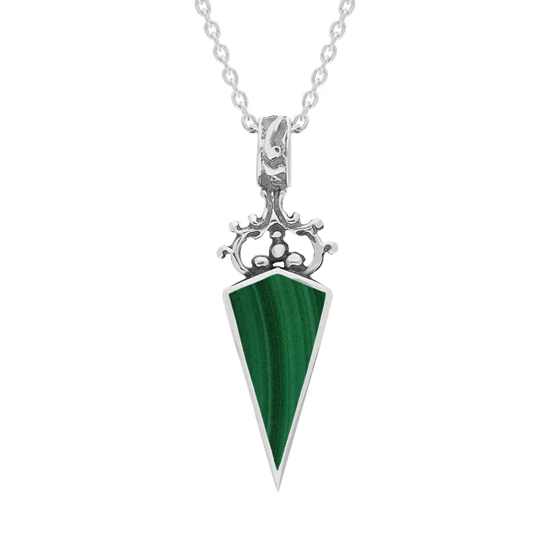 9ct White Gold Whitby Jet Malachite Double Sided Scroll Top Dagger Fob Necklace sold by Jura Watches