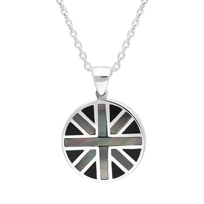 Sterling Silver Whitby Jet Mother Of Pearl Small Round Double Sided Union Jack Pendant sold by Jura Watches