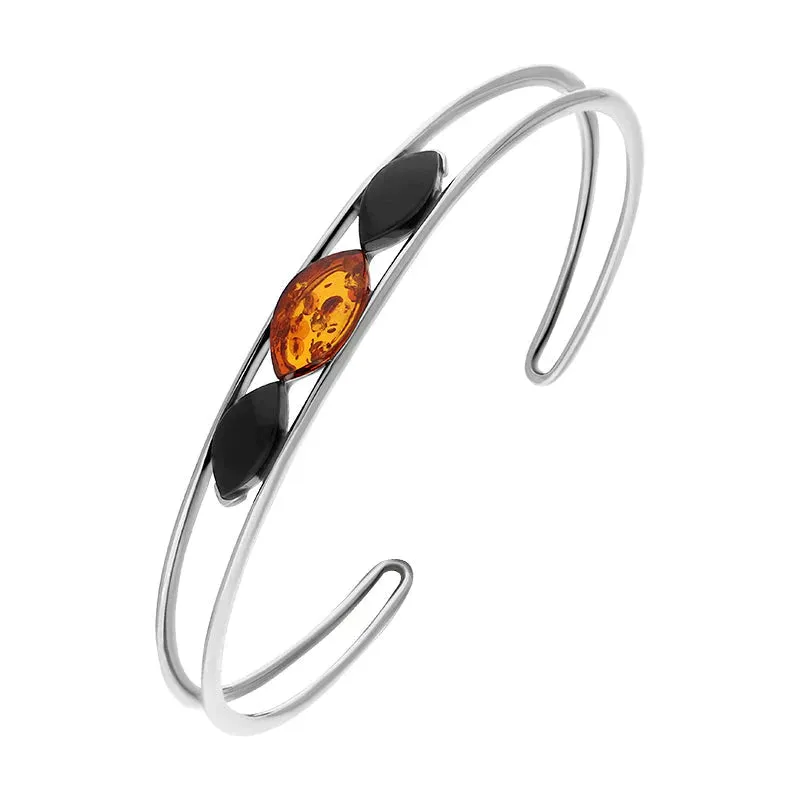 Sterling Silver Whitby Jet Amber Three Stone Marquise Cuff Bangle sold by Jura Watches