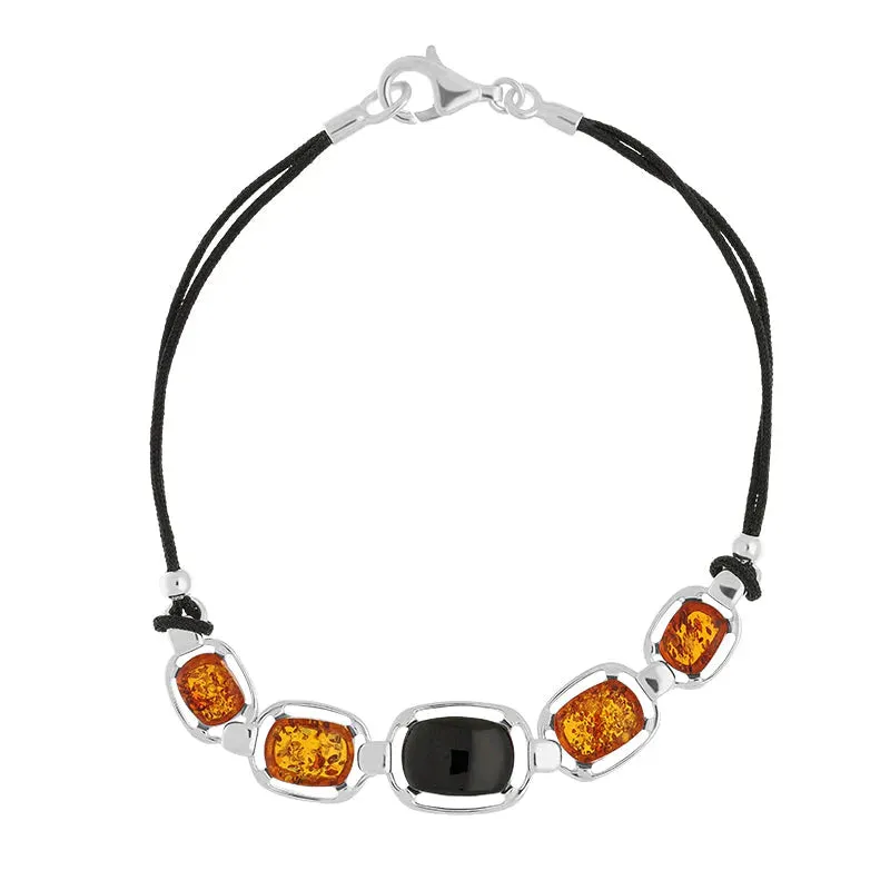 Sterling Silver Whitby Jet Amber Five Stone Graduated Leather Cord Bracelet D sold by Jura Watches