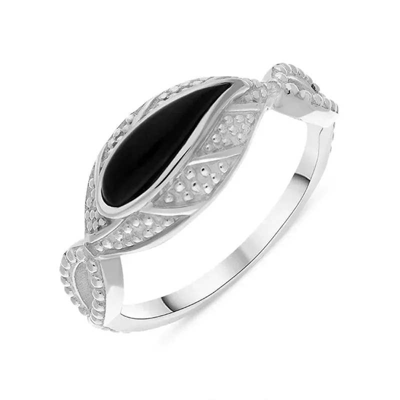 Sterling Silver Whitby Jet Marquise Beaded Edge Ring sold by Jura Watches