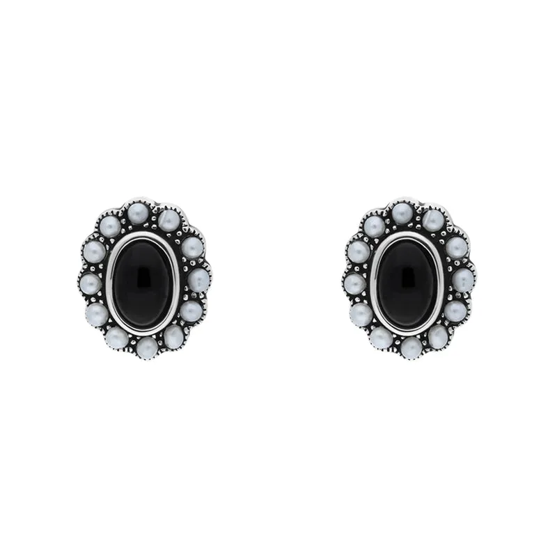 Sterling Silver Whitby Jet Pearl Oval Beaded Edge Stud Earrings sold by Jura Watches