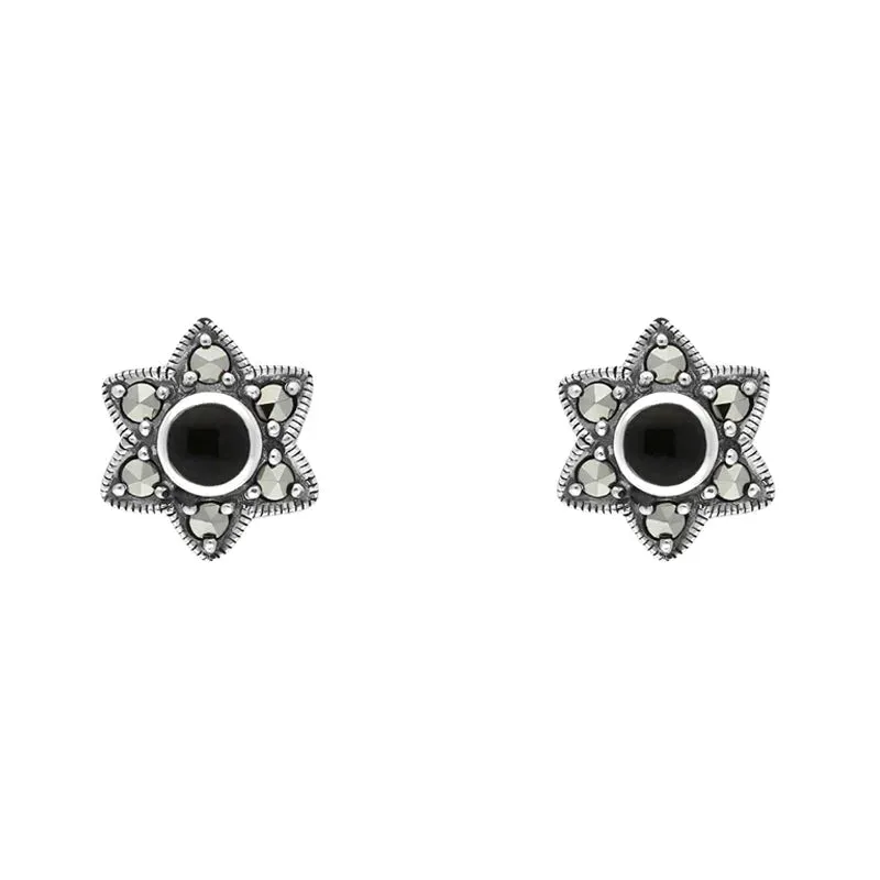 Sterling Silver Whitby Jet Marcasite Six Point Star Stud Earrings sold by Jura Watches